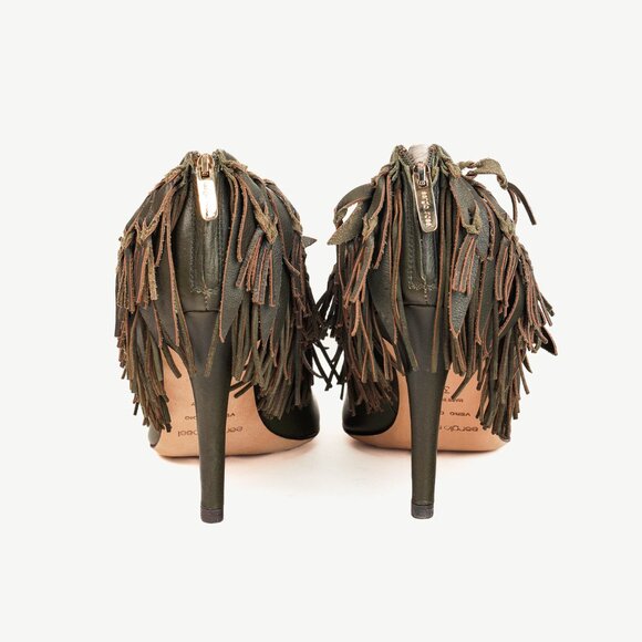 Sergio Rossi Green Leather Fringe Peep-Toe Bootie - Picture 3 of 11
